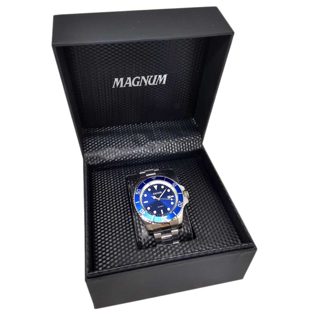 Relogio magnum prata masculino azul cronografo